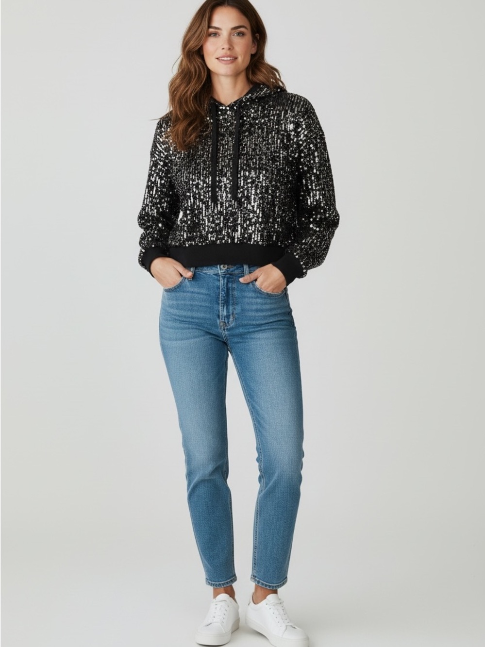 Calvin Klein Jeans Black Sequin Cropped Hoodie